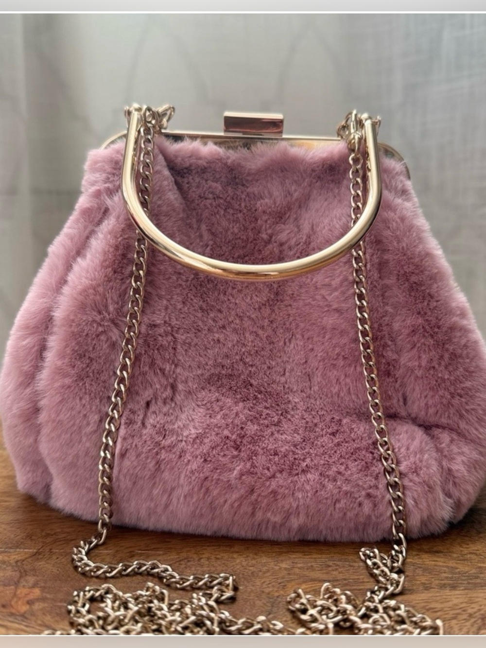 Nordstrom Rose Pink Faux Fur Frame-Top Clutch with Gold Chain